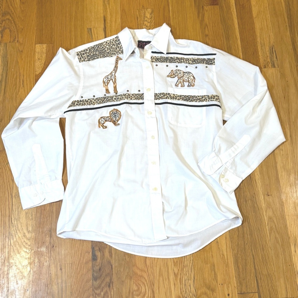 Vintage‎ PGB Safari Animal Embroidered Button Down Shirt White Leopard Print